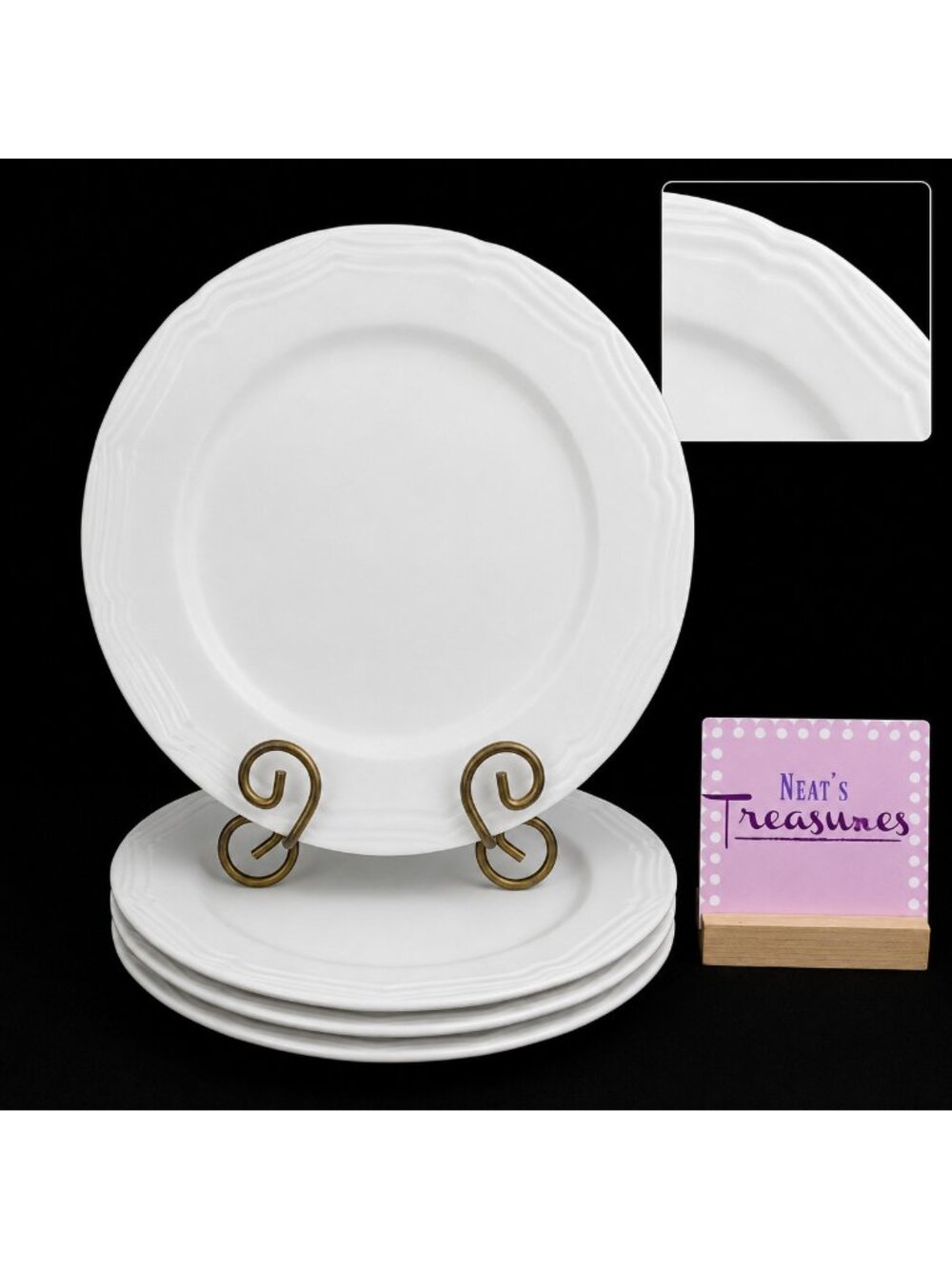 Gibson WHITE ELEMENTS Embossed Rim Round Smooth Ceramic Dinner Plates Set of 4